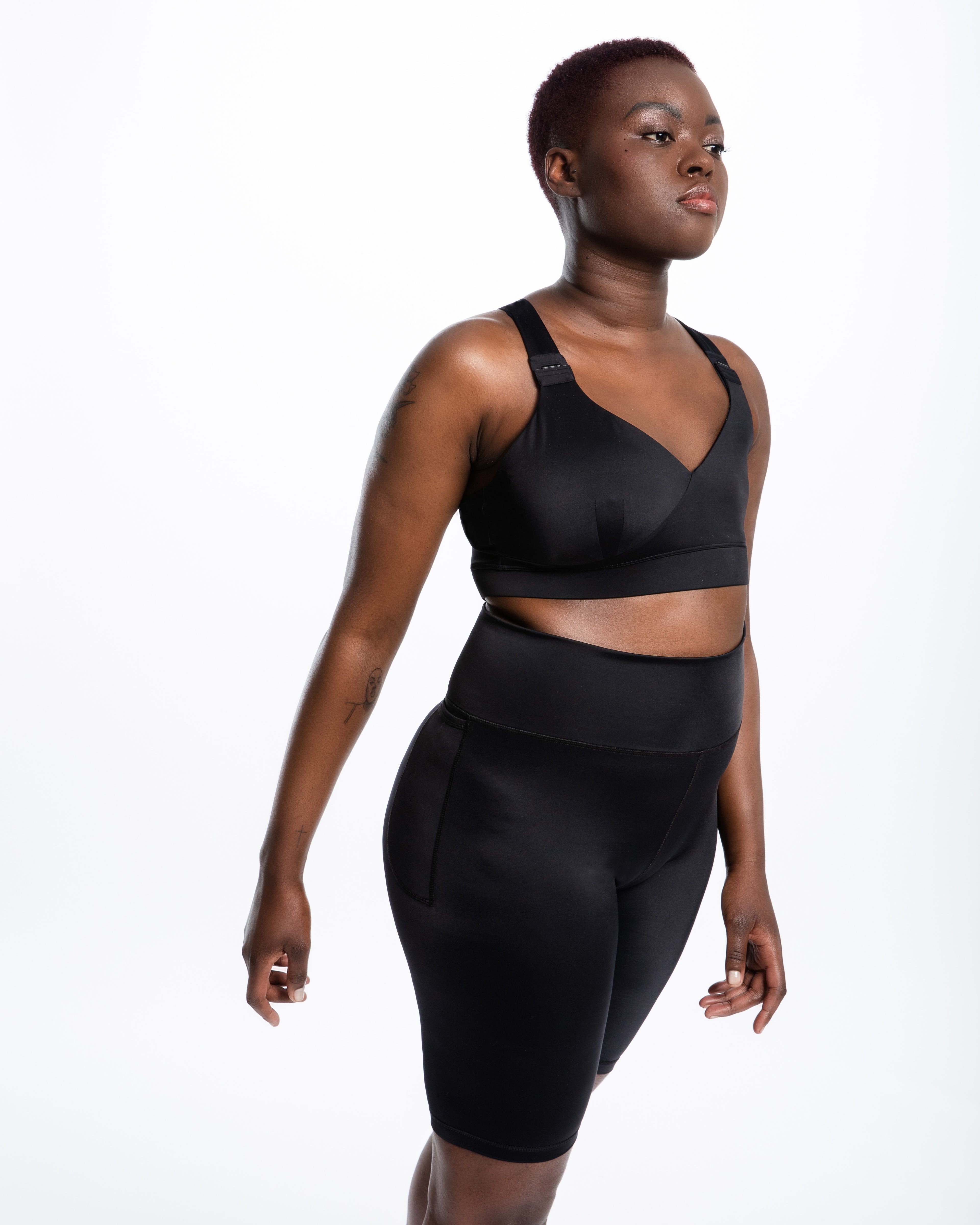 Post-mastectomy sports bra with crossover back straps, adaptive activewear made from ECONYL by ENO